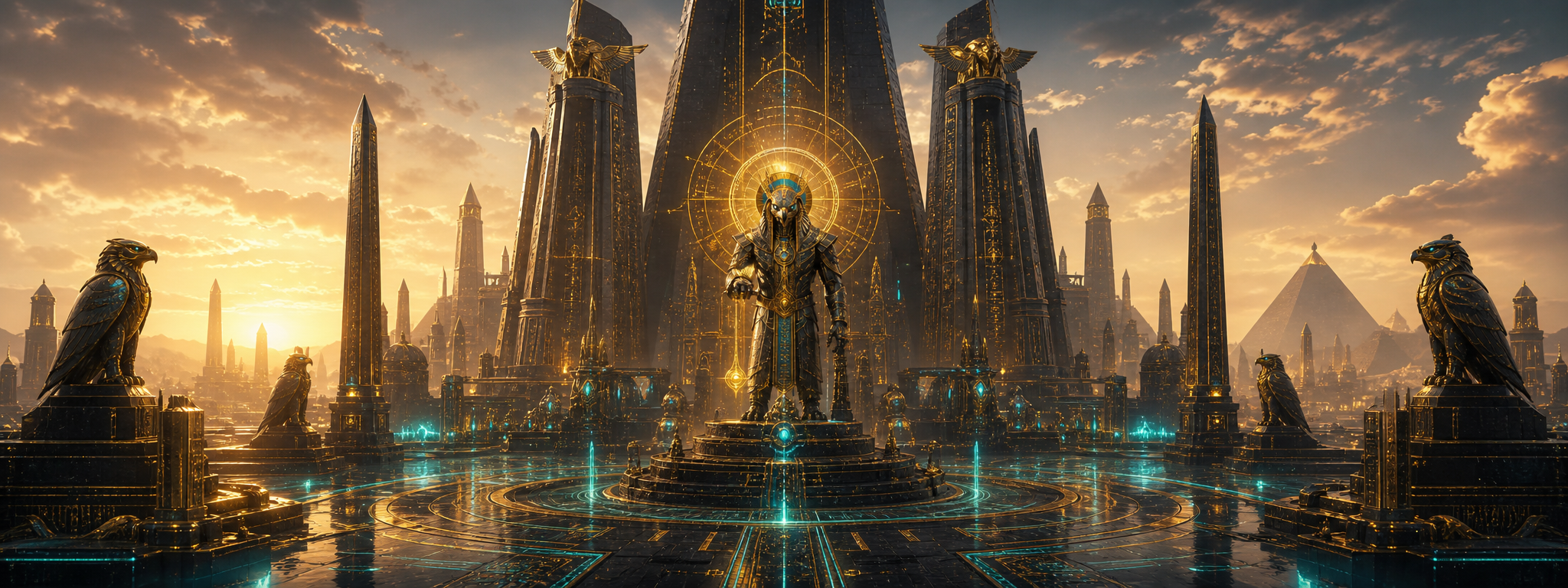 Horus standing over a luminous cyber-Egyptian city