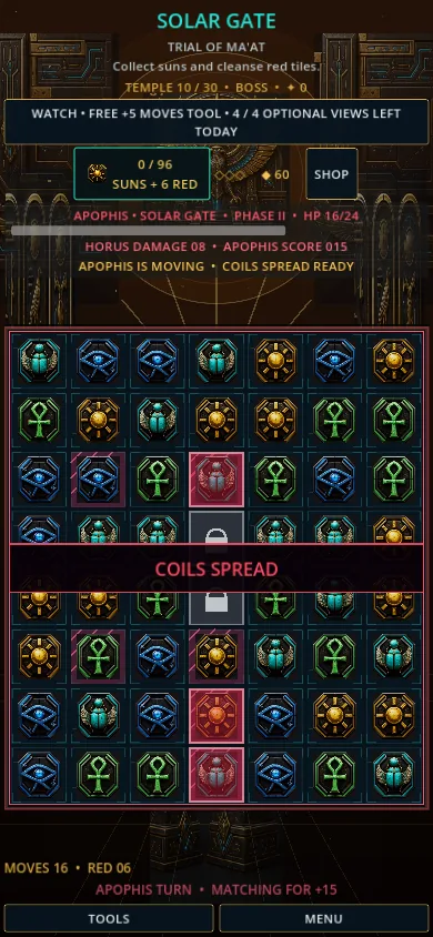 Apophis using Coils Spread during the Solar Gate boss trial