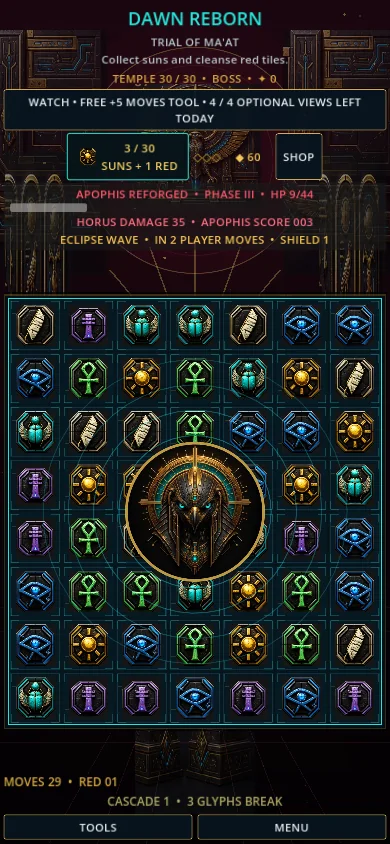 Actual Horus Duat Rising gameplay showing the Dawn Reborn boss board and awakened Horus