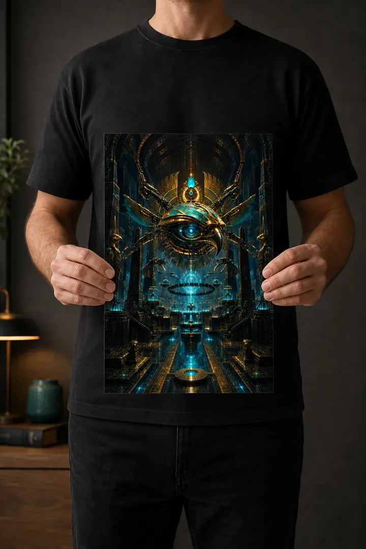 Scale-calibrated digital mockup of a person holding The Builder's Eye as an unframed 12 by 18 inch matte art print
